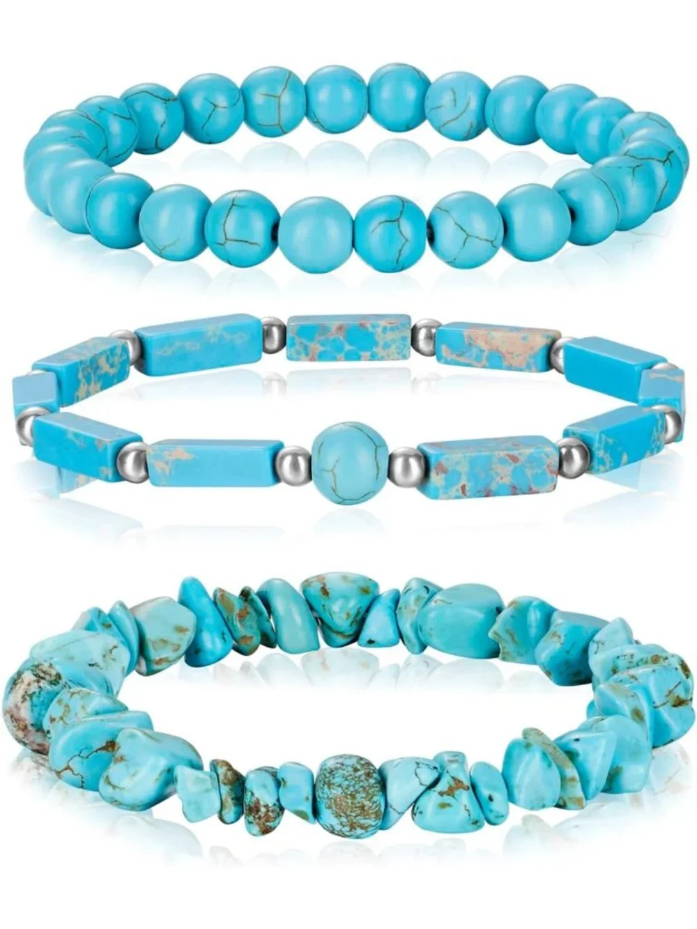 Set of 3 Handmade Natural Stone Bracelets - 8mm Crystal Beaded Stretch Jewelry